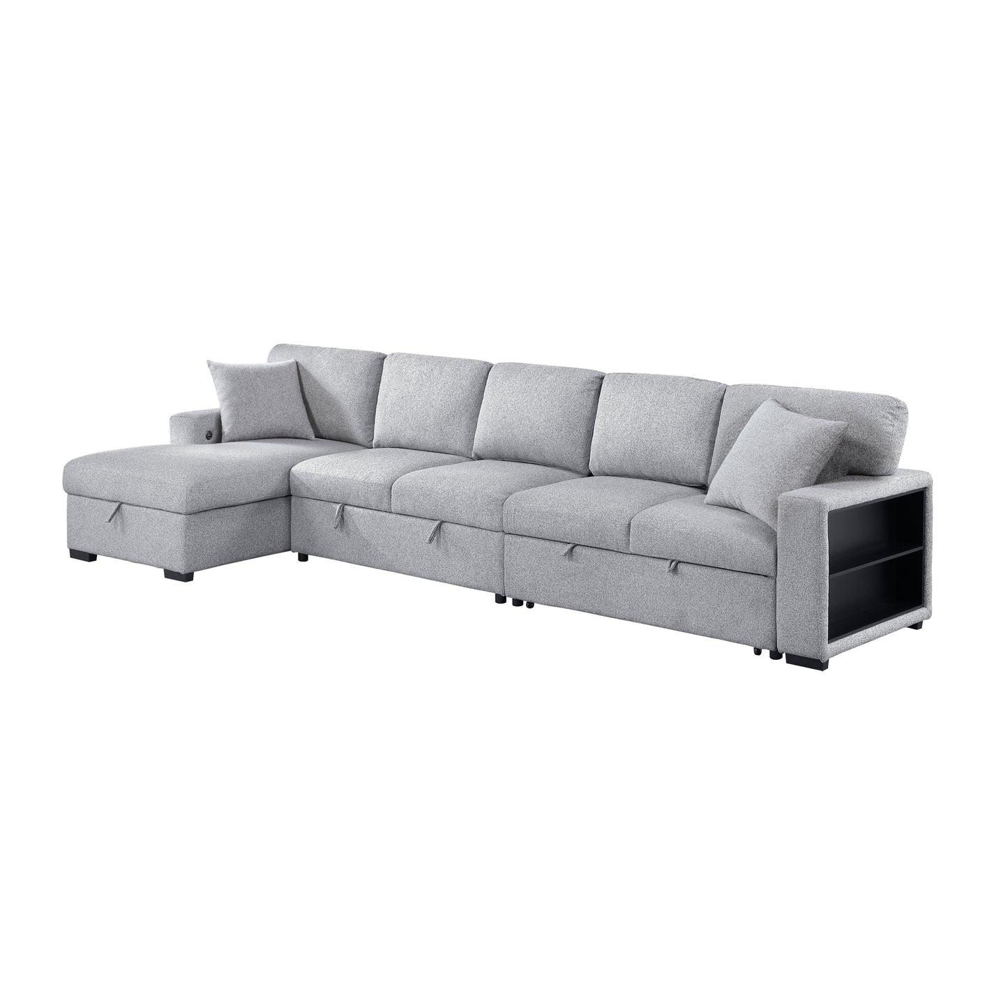 9630GY*3LC2R - (3)Sectional with Left Chaise, Pull-out Bed Hidden Storages and Shelves, Charging Ports