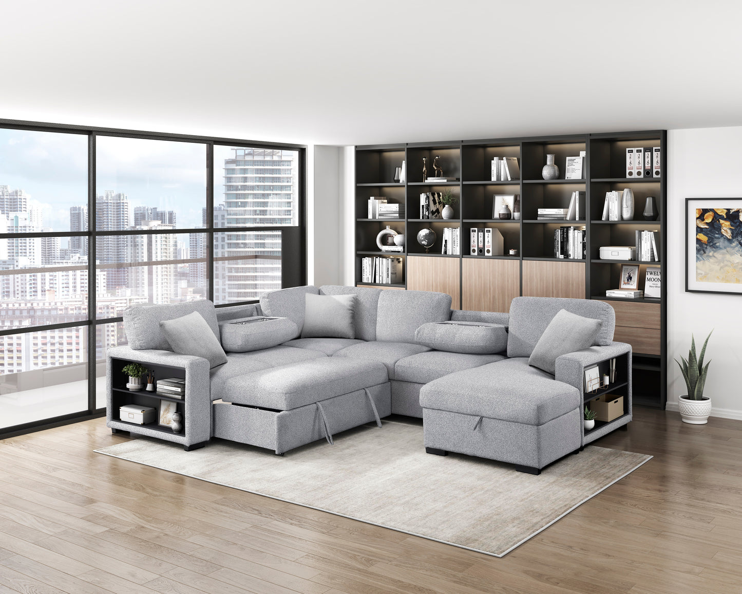 9630GY*42LRC - (4)Sectional with Right Chaise, Pull-out Bed, Hidden Storages and Shelves, Charging Ports