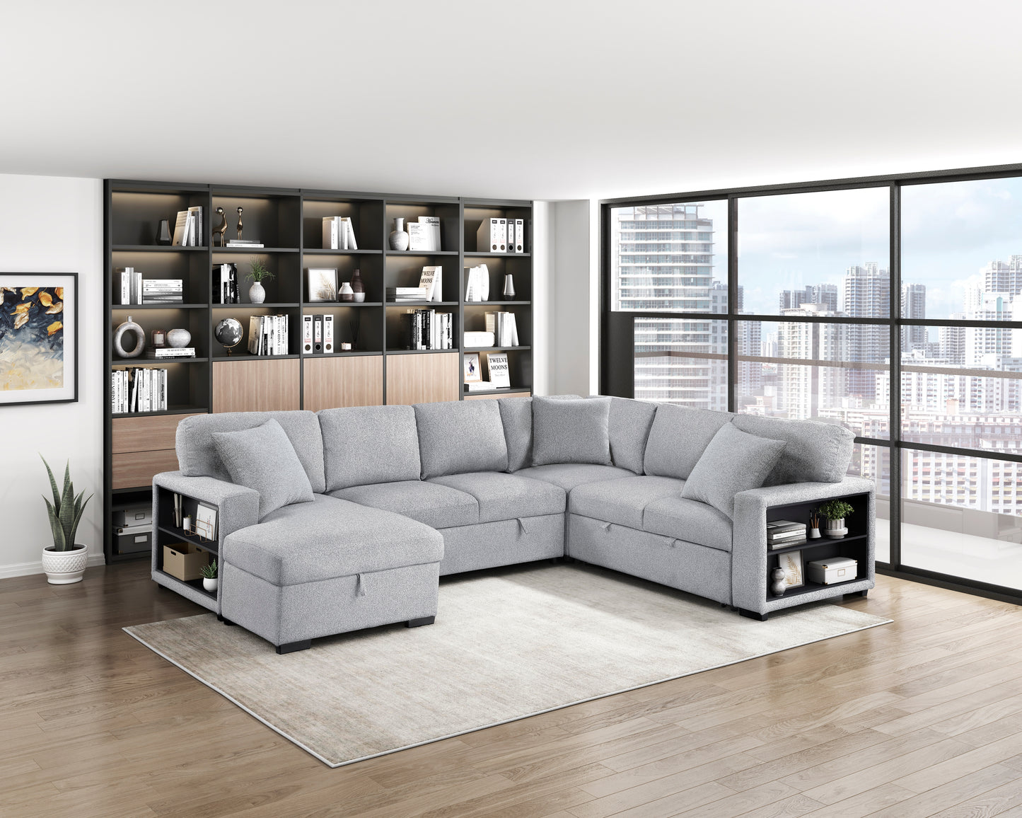 9630GY*4LC2R - (4)Sectional with Left Chaise, Pull-out Bed, Hidden Storages and Shelves, Charging Ports