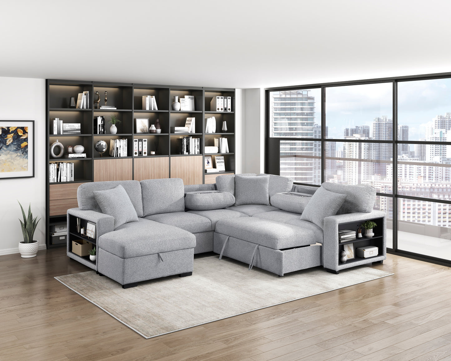 9630GY*4LC2R - (4)Sectional with Left Chaise, Pull-out Bed, Hidden Storages and Shelves, Charging Ports