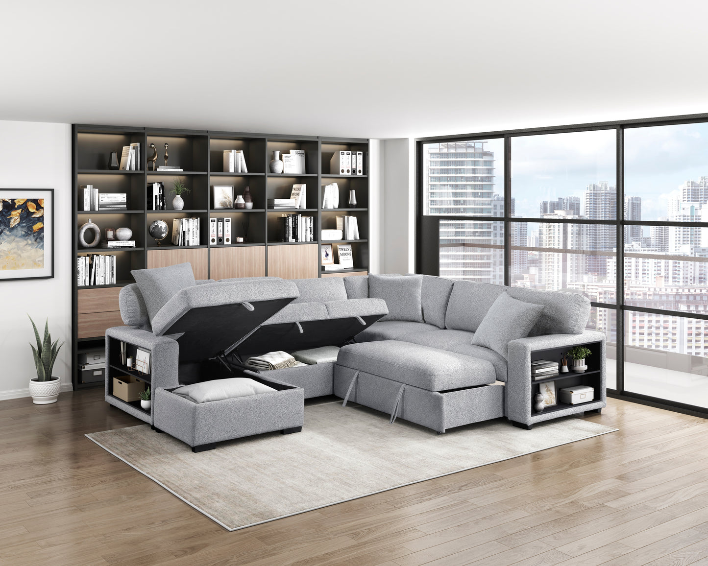 9630GY*4LC2R - (4)Sectional with Left Chaise, Pull-out Bed, Hidden Storages and Shelves, Charging Ports