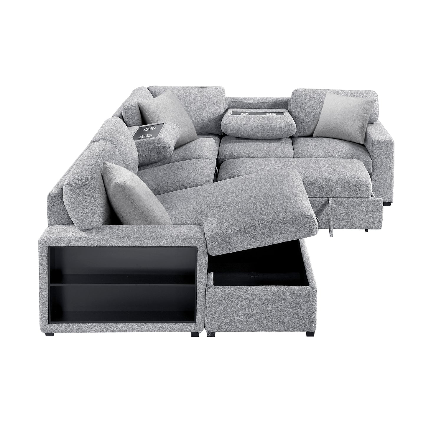 9630GY*4LC2R - (4)Sectional with Left Chaise, Pull-out Bed, Hidden Storages and Shelves, Charging Ports
