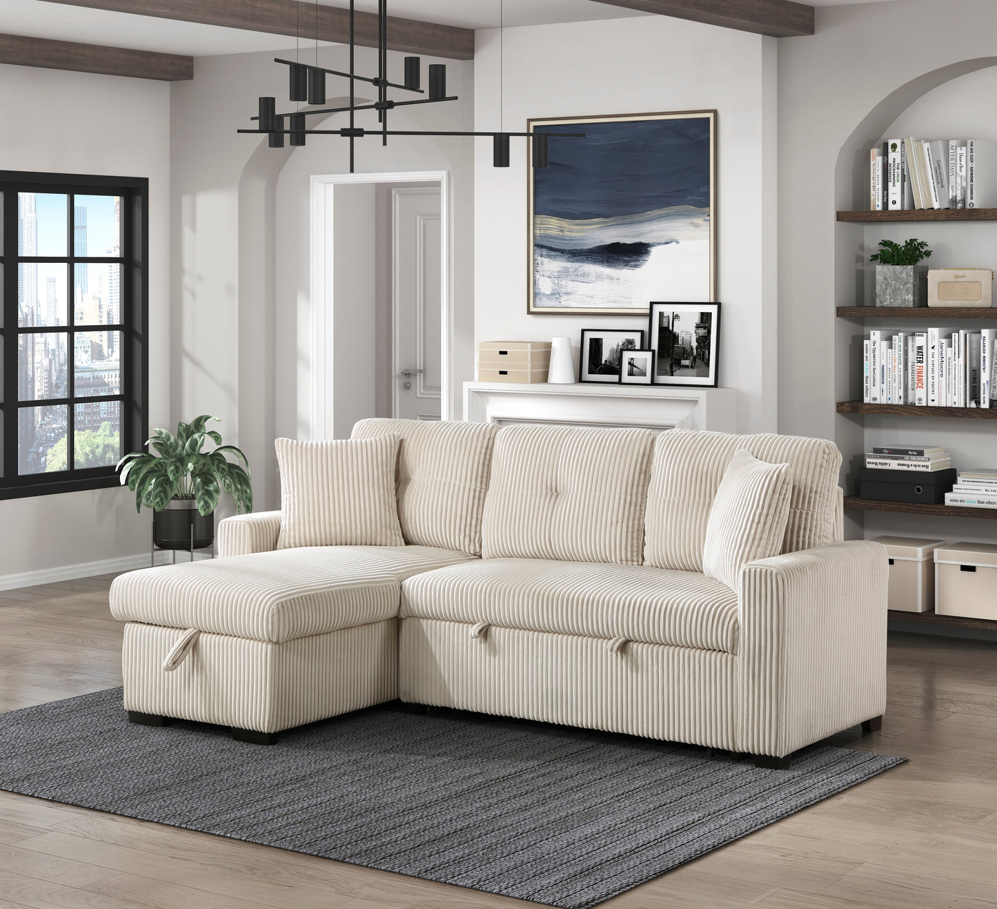 9649BE*SC - (3)3-Piece Reversible Sectional with Pull-out Bed and Hidden Storage