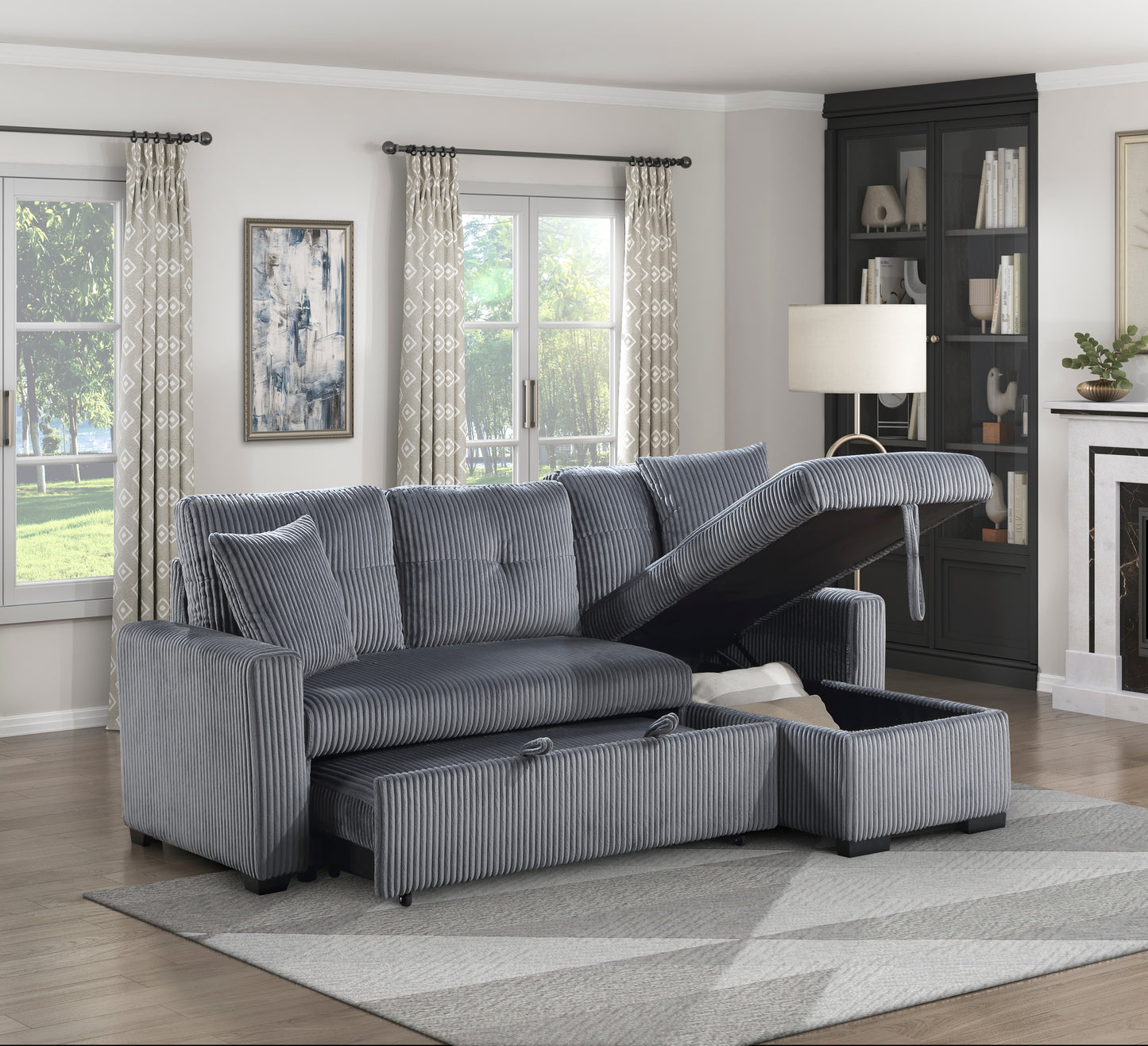 9649DG*SC - (3)3-Piece Reversible Sectional with Pull-out Bed and Hidden Storage