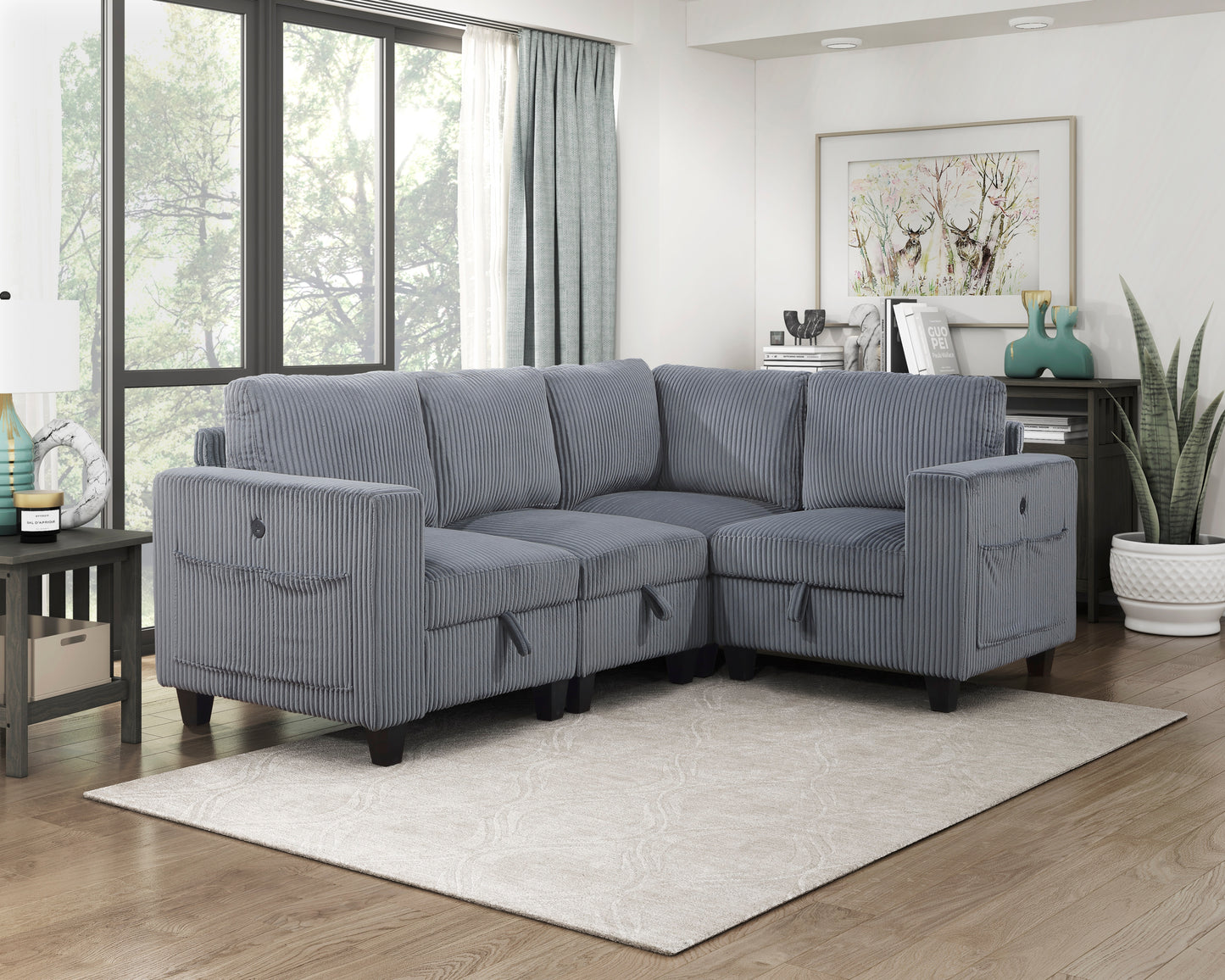 9650NDG*4SC - (4)4-Piece Sectional with Storage, Storage Pouches and Charging Ports