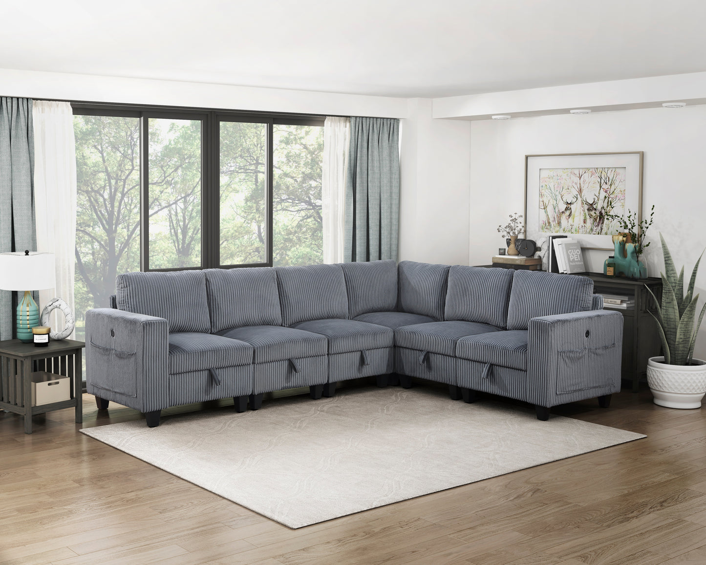 9650NDG*6SC - (6)6-Piece Sectional with Storage, Storage Pouches and Charging Ports