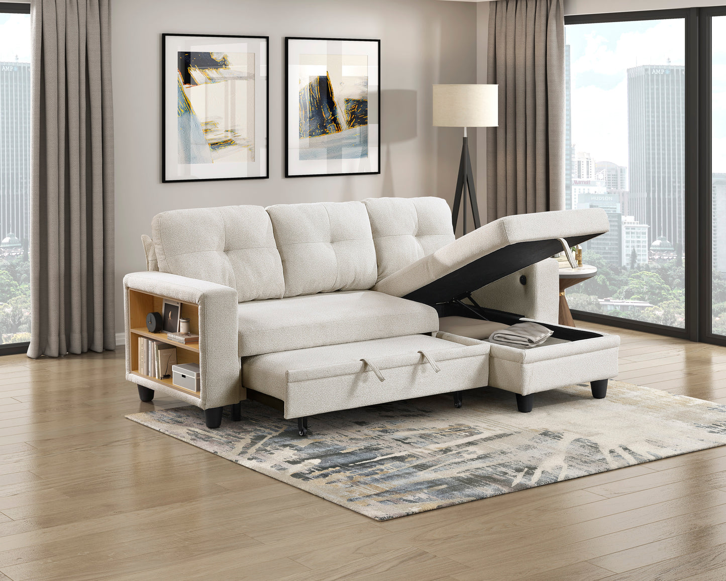 9705BE*32AVC - (3)Sectional with Reversible Chaise, Pull-out Bed, Shelves and Charging Ports
