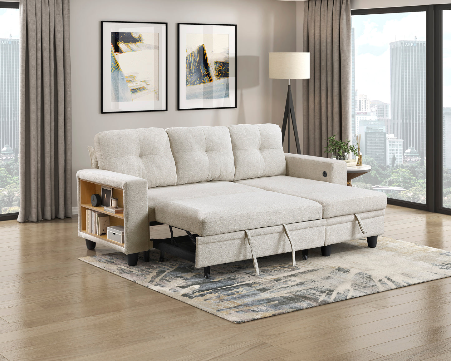 9705BE*32AVC - (3)Sectional with Reversible Chaise, Pull-out Bed, Shelves and Charging Ports