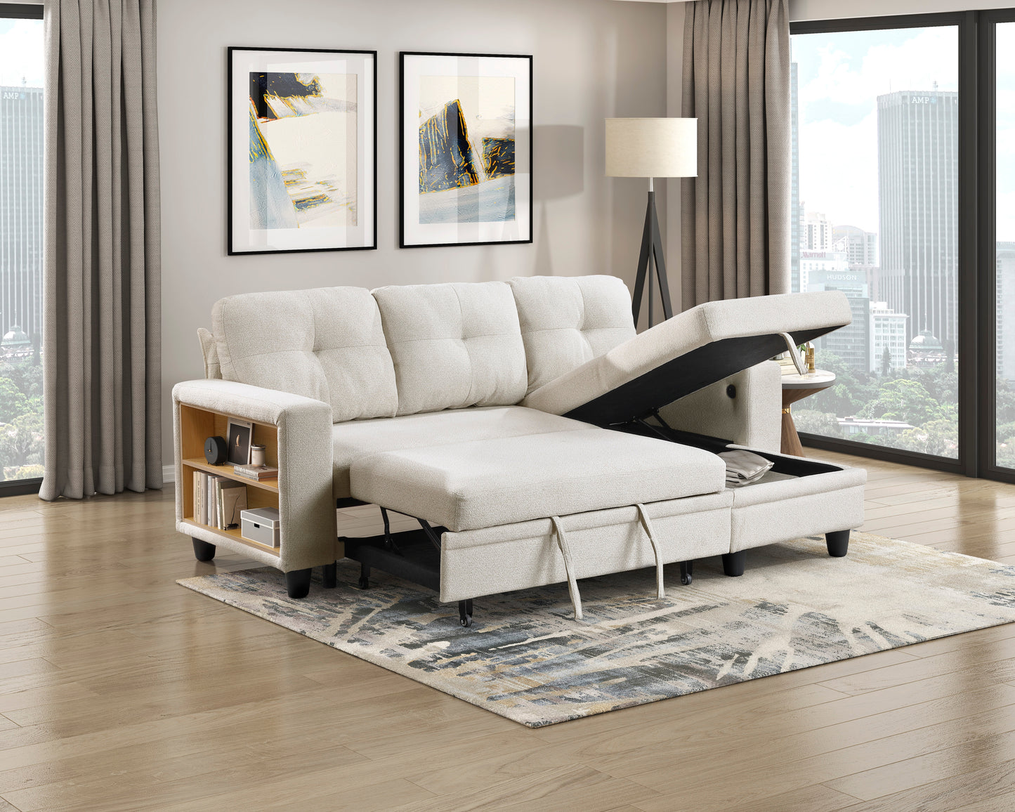 9705BE*32AVC - (3)Sectional with Reversible Chaise, Pull-out Bed, Shelves and Charging Ports