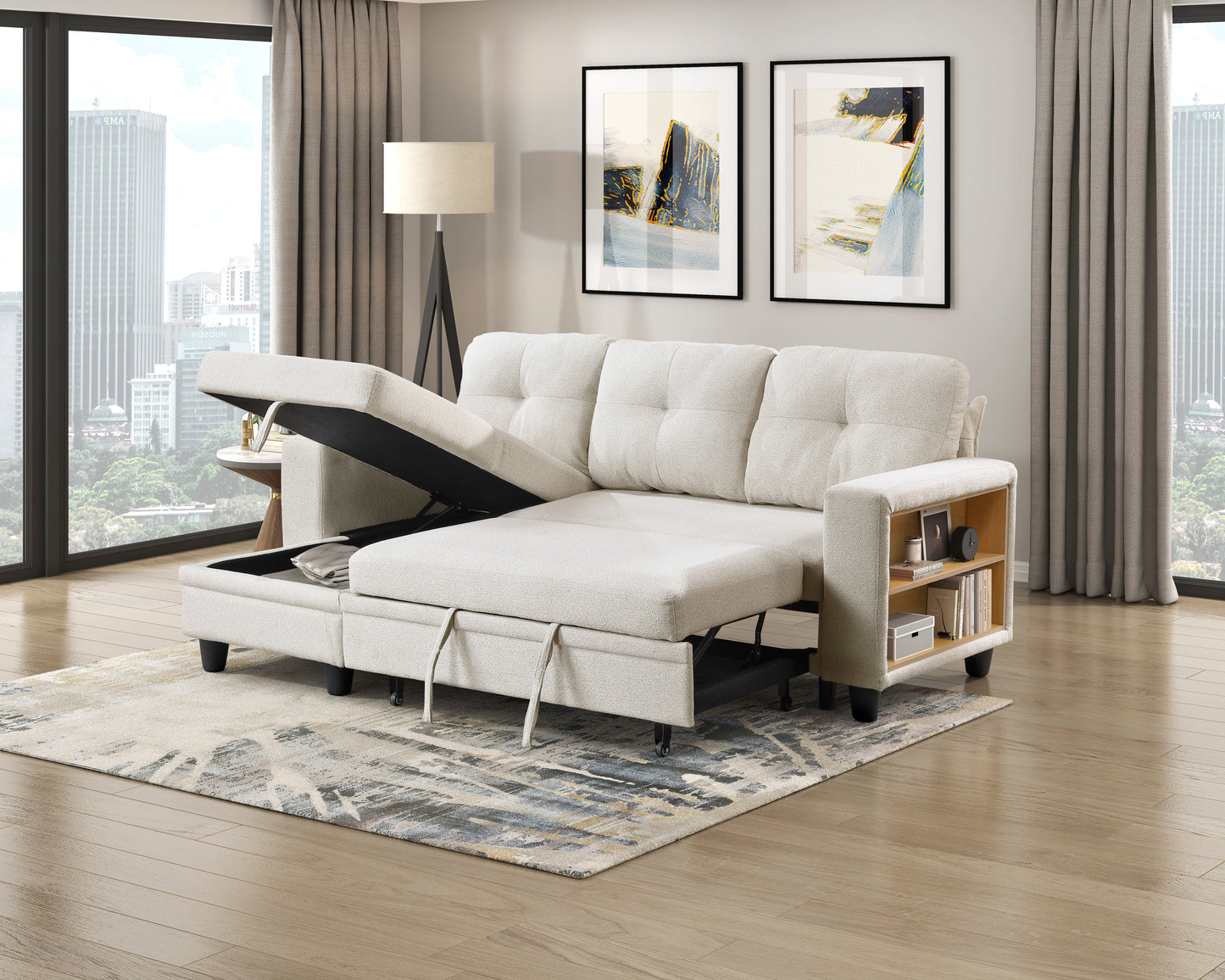 9705BE*32AVC - (3)Sectional with Reversible Chaise, Pull-out Bed, Shelves and Charging Ports