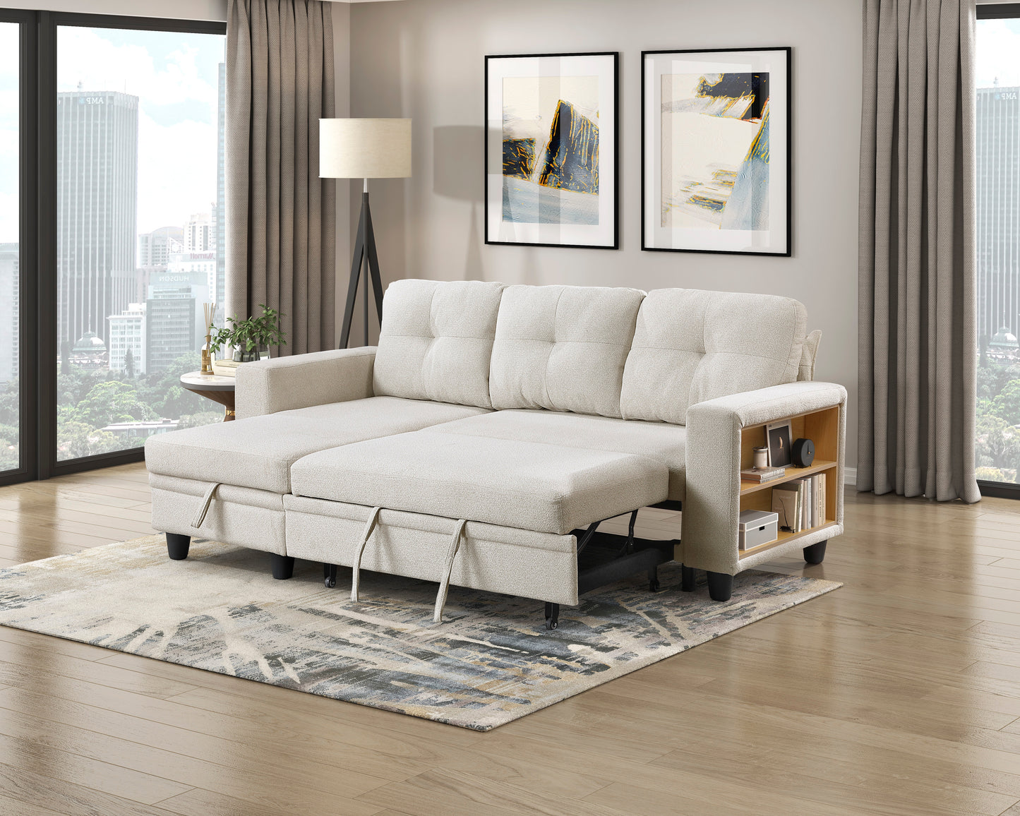 9705BE*32AVC - (3)Sectional with Reversible Chaise, Pull-out Bed, Shelves and Charging Ports