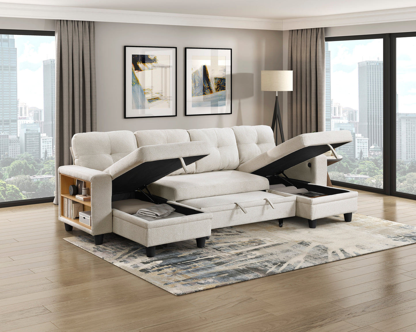 9705BE*42AVC - (4)Sectional with Two Chaises, Pull-out Bed, Shelves and Charging Ports