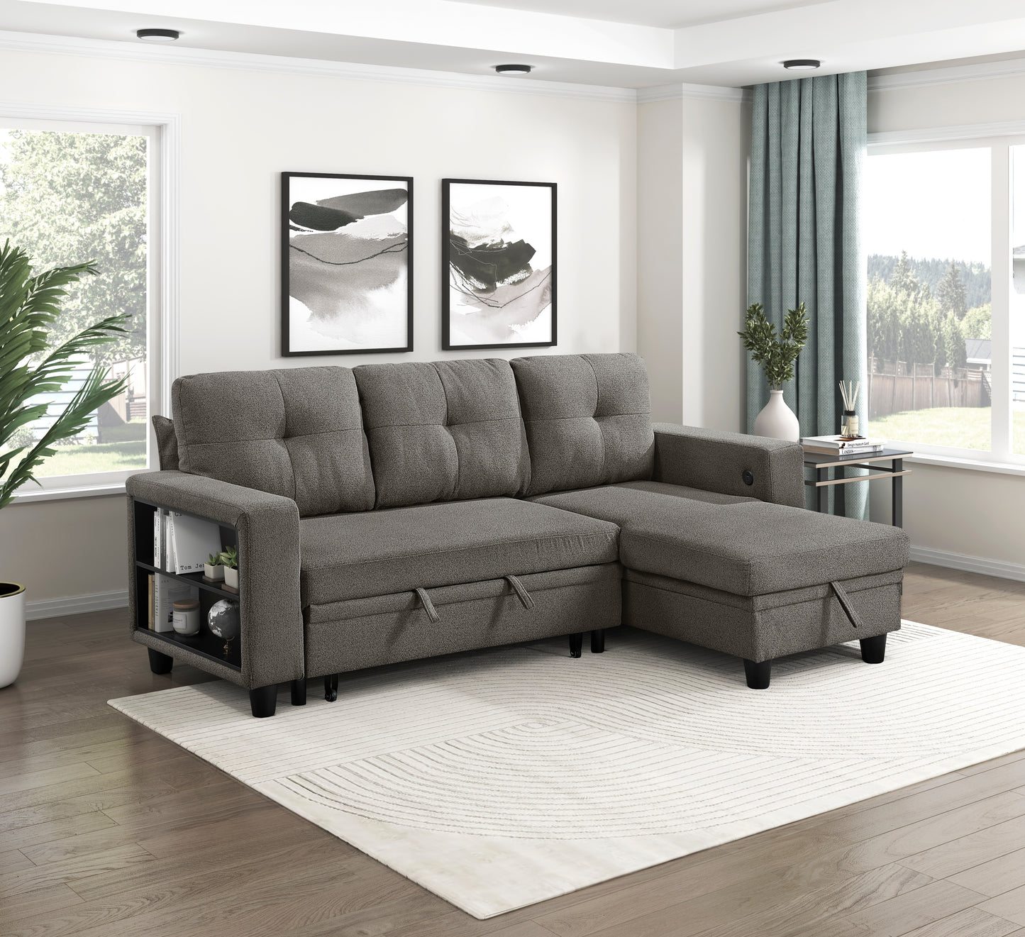 9705DB*32AVC - (3)Sectional with Reversible Chaise, Pull-out Bed, Shelves and Charging Ports