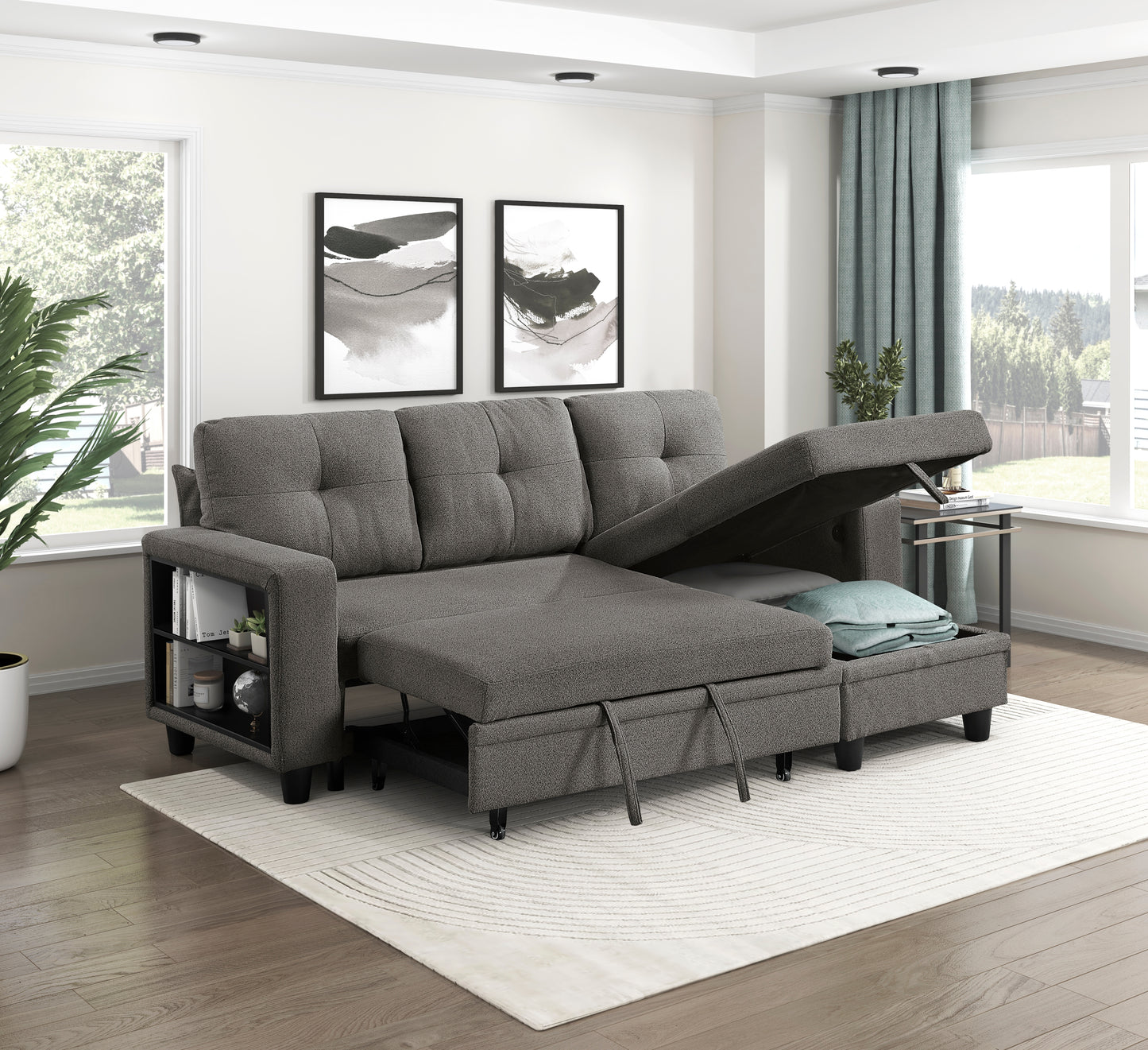 9705DB*32AVC - (3)Sectional with Reversible Chaise, Pull-out Bed, Shelves and Charging Ports
