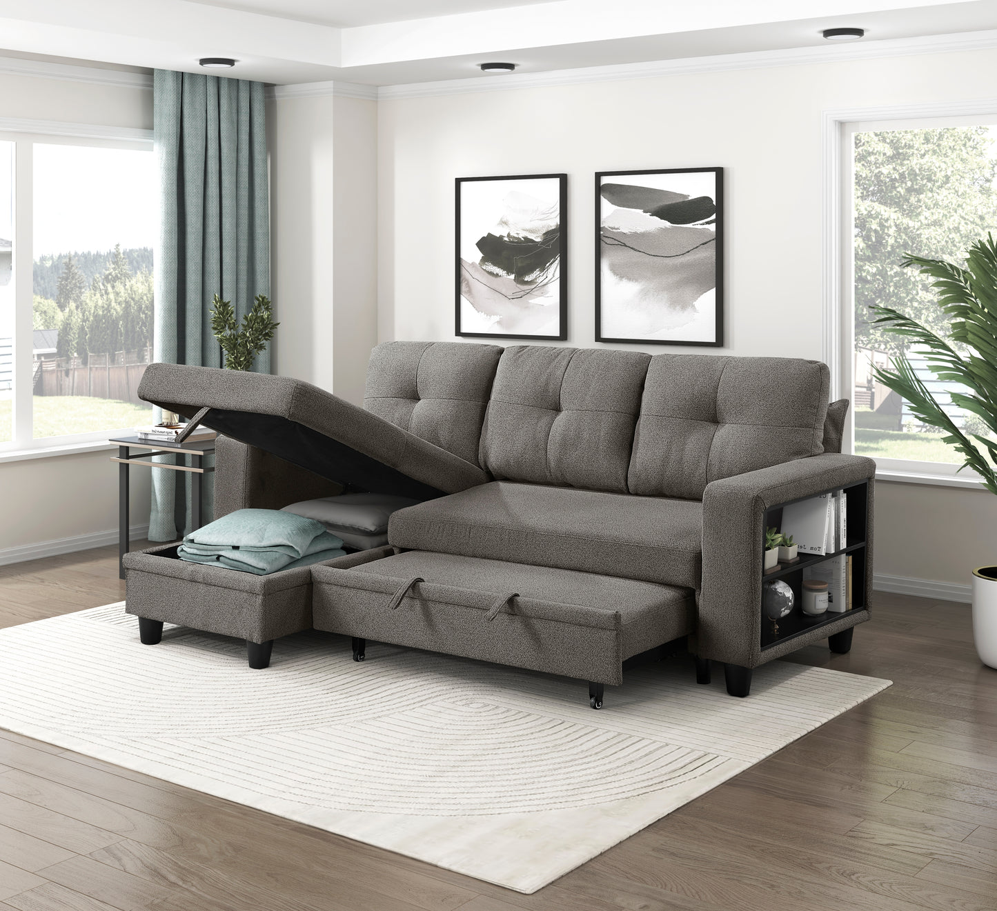 9705DB*32AVC - (3)Sectional with Reversible Chaise, Pull-out Bed, Shelves and Charging Ports