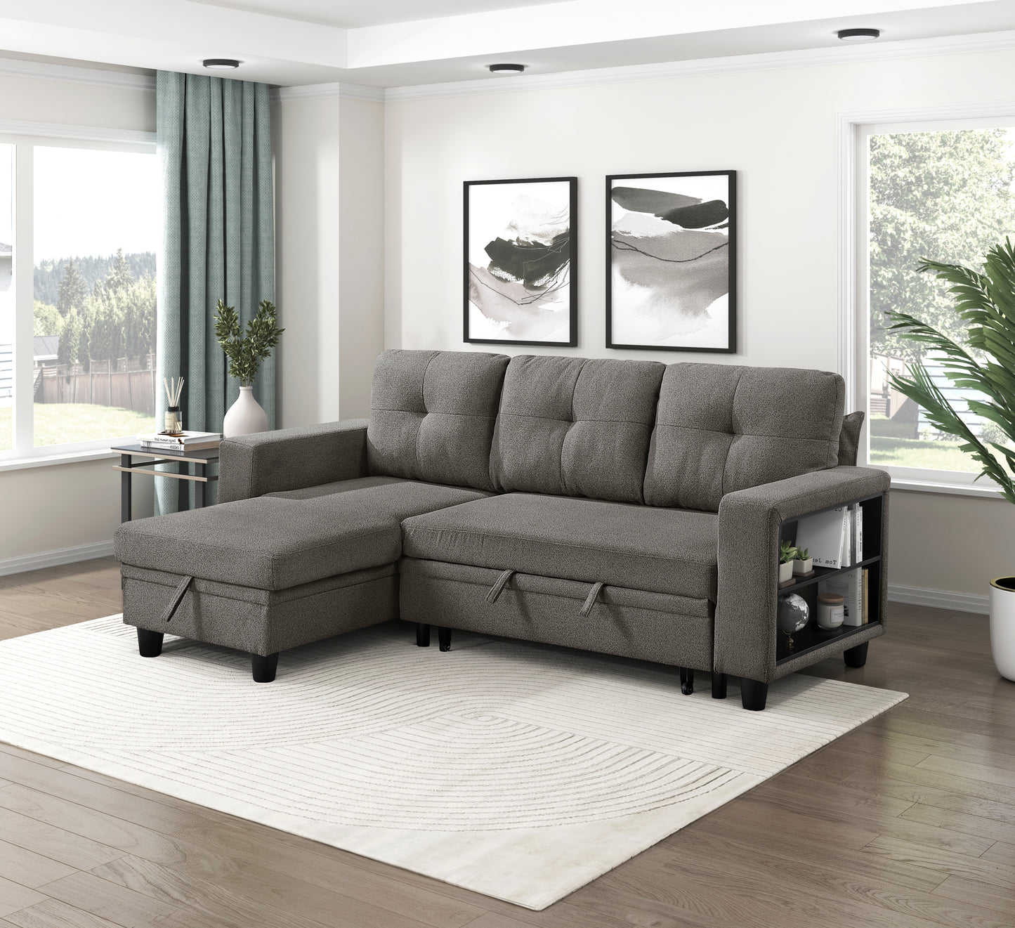 9705DB*32AVC - (3)Sectional with Reversible Chaise, Pull-out Bed, Shelves and Charging Ports