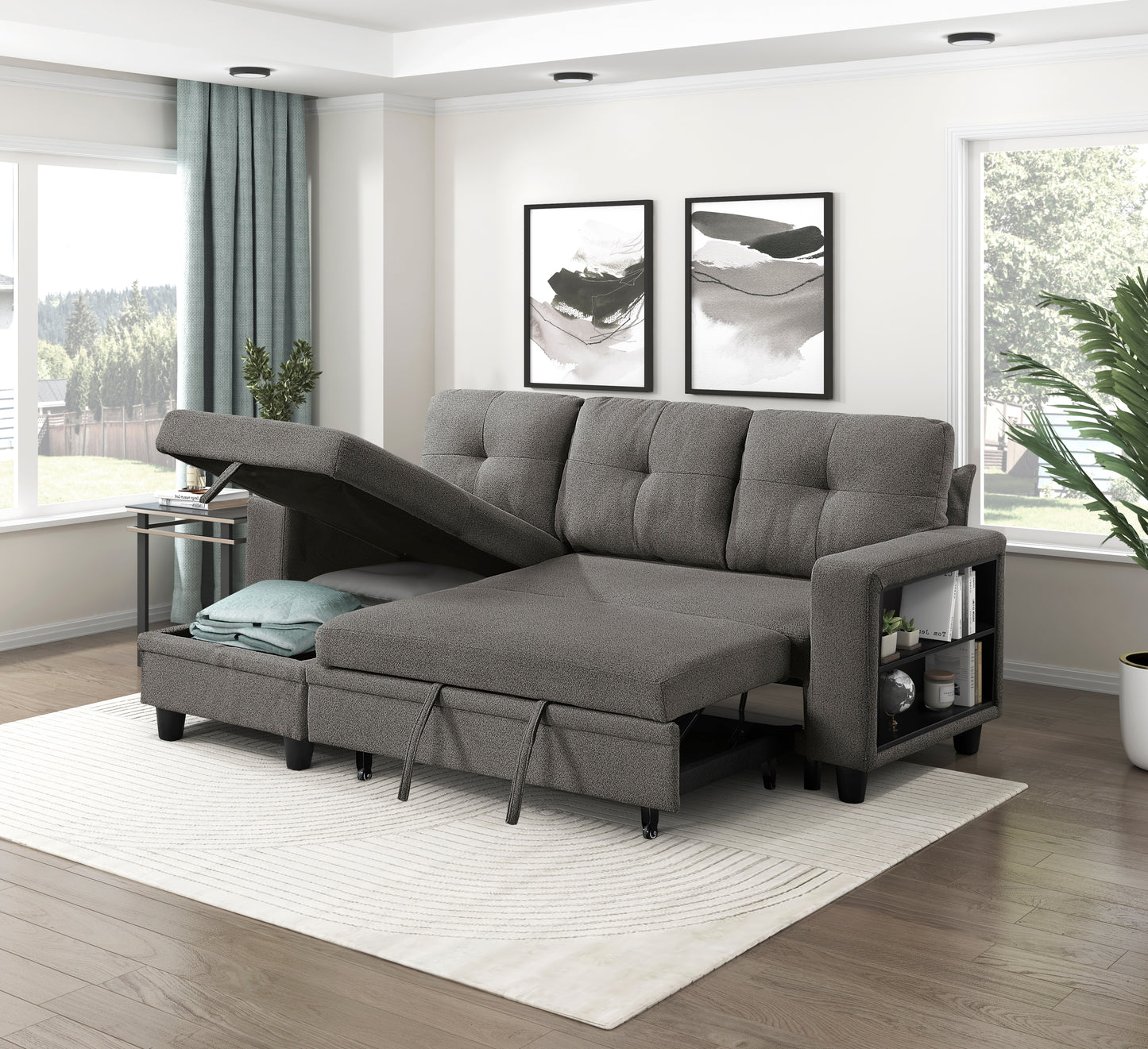 9705DB*32AVC - (3)Sectional with Reversible Chaise, Pull-out Bed, Shelves and Charging Ports