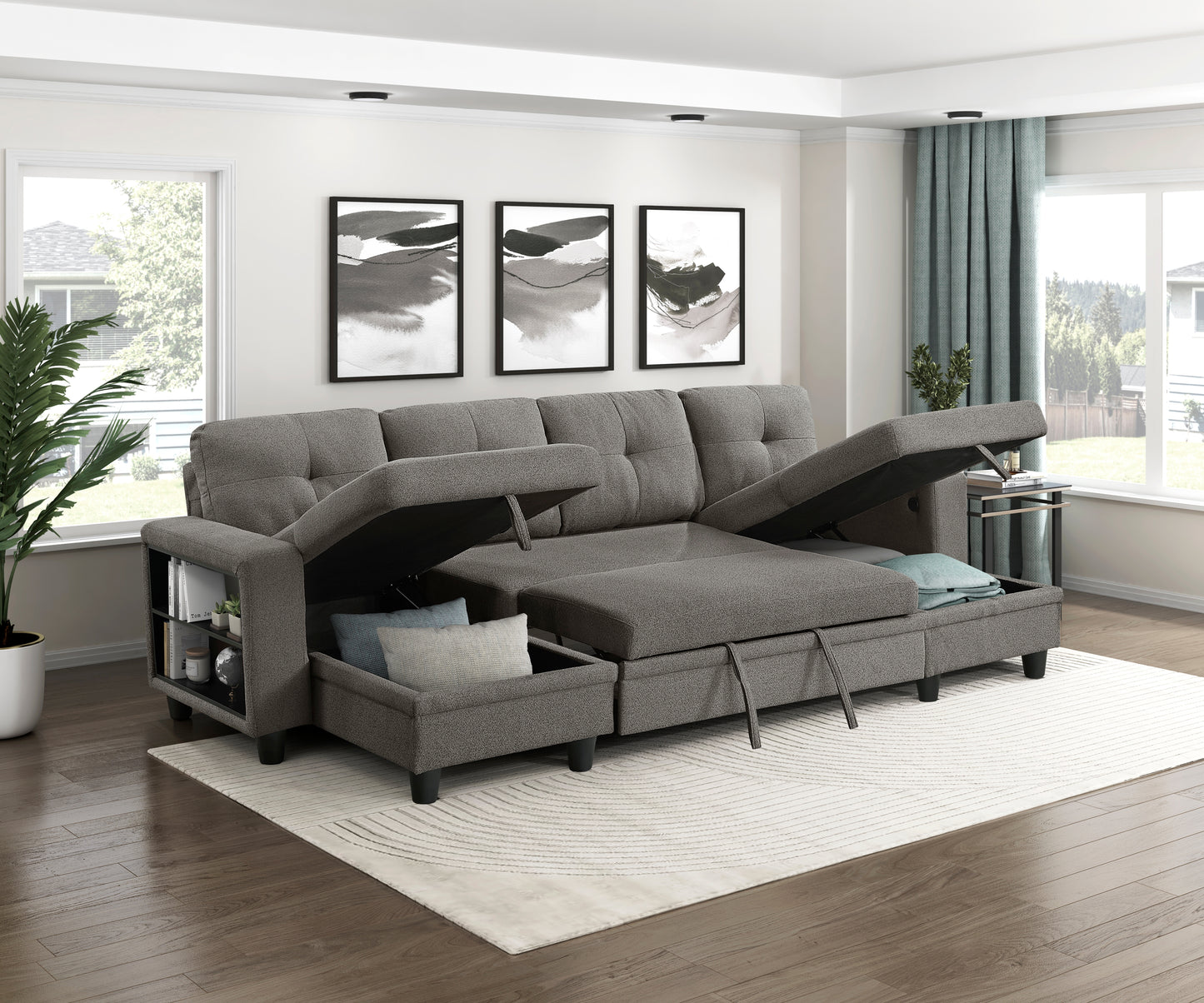 9705DB*42AVC - (4)Sectional with Two Chaises, Pull-out Bed, Shelves and Charging Ports