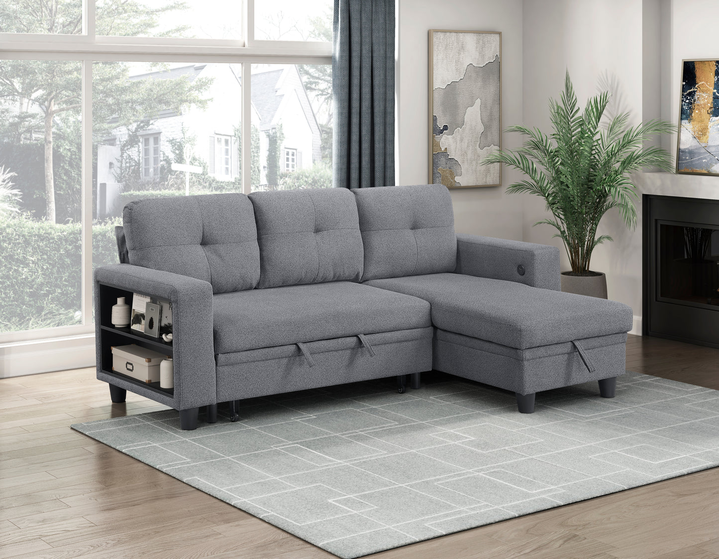 9705GY*32AVC - (3)Sectional with Reversible Chaise, Pull-out Bed, Shelves and Charging Ports