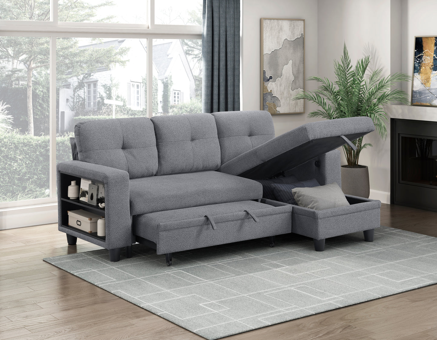 9705GY*32AVC - (3)Sectional with Reversible Chaise, Pull-out Bed, Shelves and Charging Ports