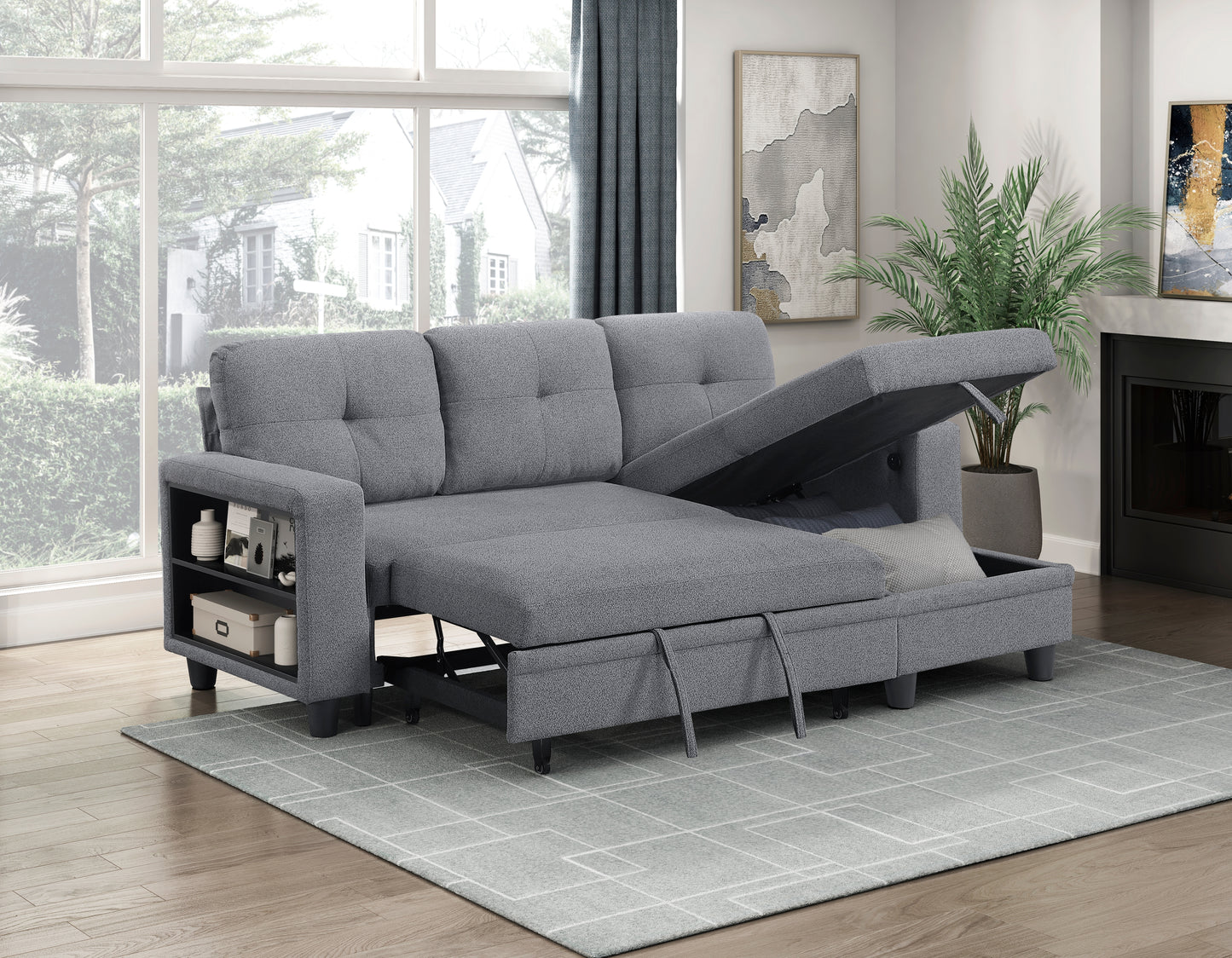 9705GY*32AVC - (3)Sectional with Reversible Chaise, Pull-out Bed, Shelves and Charging Ports
