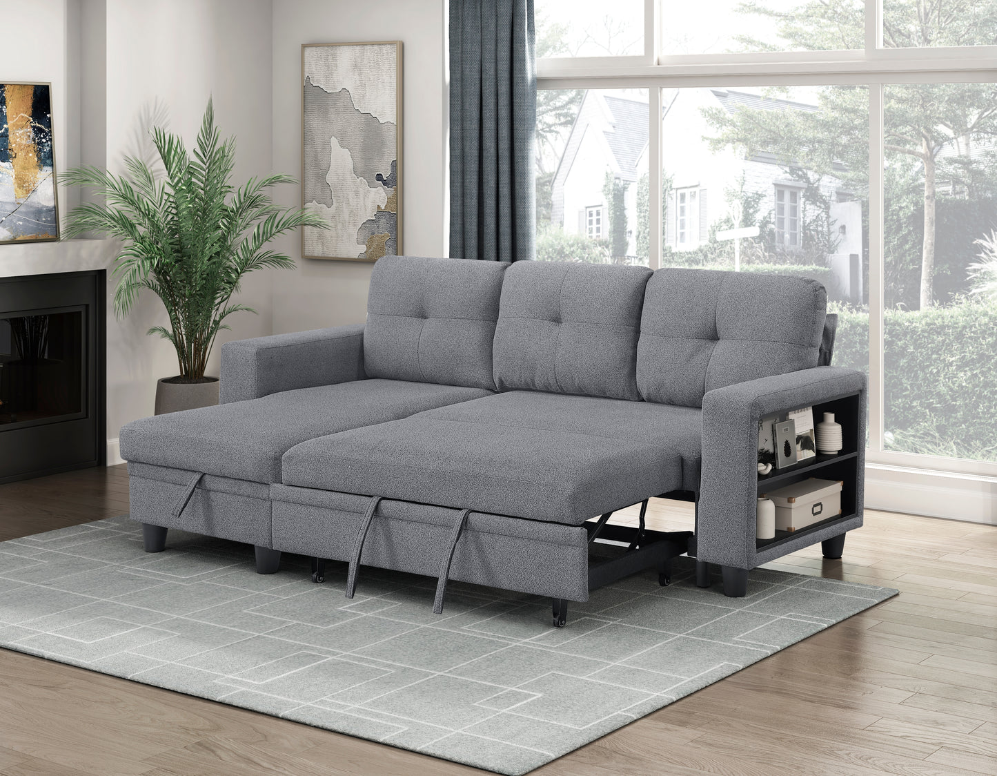 9705GY*32AVC - (3)Sectional with Reversible Chaise, Pull-out Bed, Shelves and Charging Ports