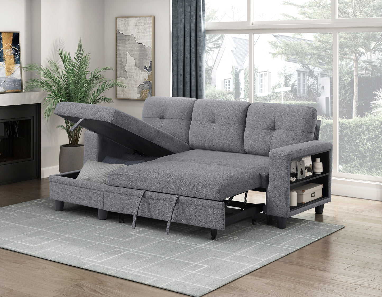 9705GY*32AVC - (3)Sectional with Reversible Chaise, Pull-out Bed, Shelves and Charging Ports