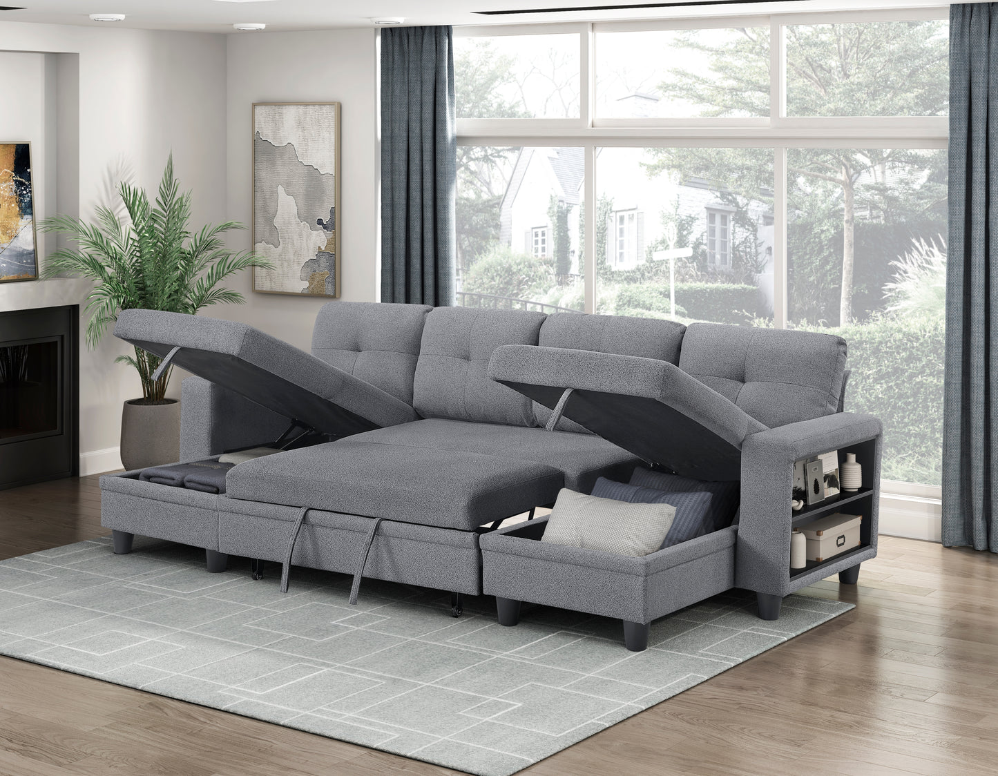 9705GY*42AVC - (4)Sectional with Two Chaises, Pull-out Bed, Shelves and Charging Ports