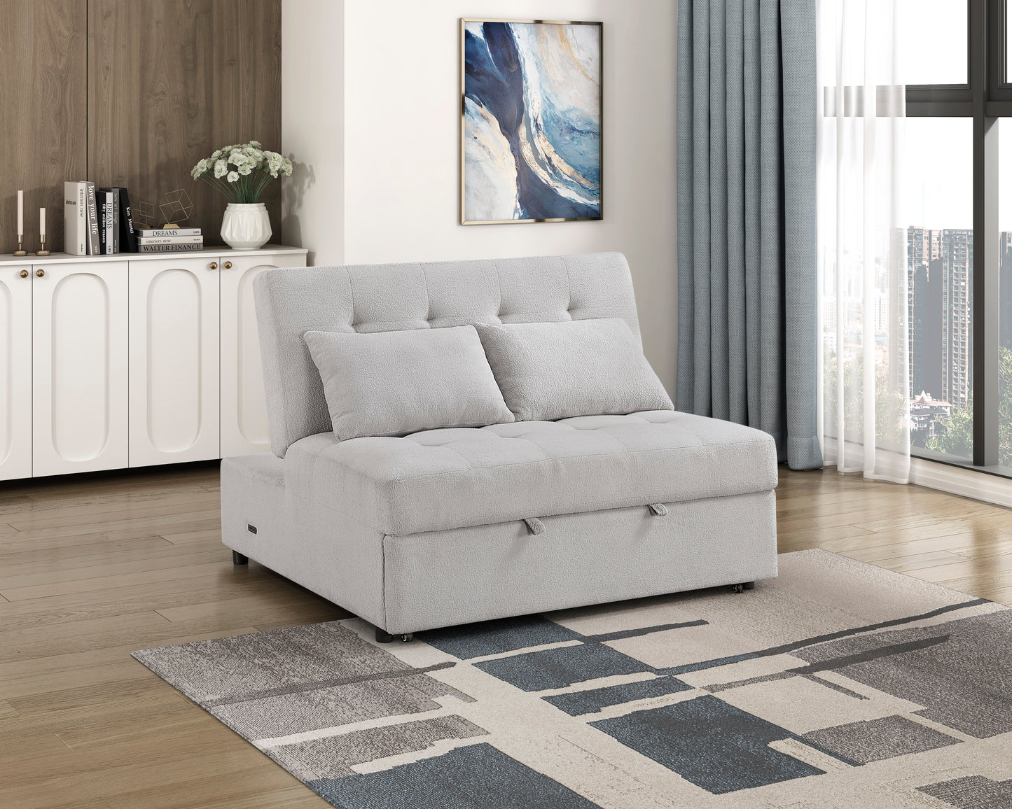 9707GRY-2CL - Convertible Armless 2-Seater with Pull-out Bed and Charging Ports