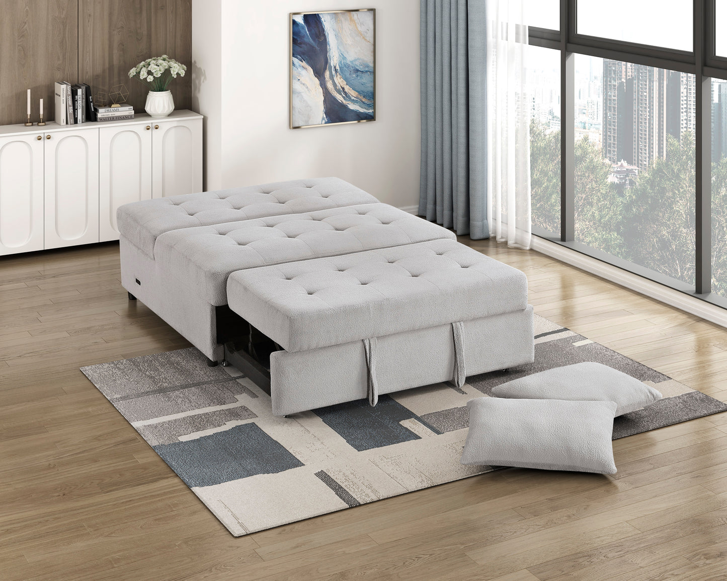 9707GRY-2CL - Convertible Armless 2-Seater with Pull-out Bed and Charging Ports