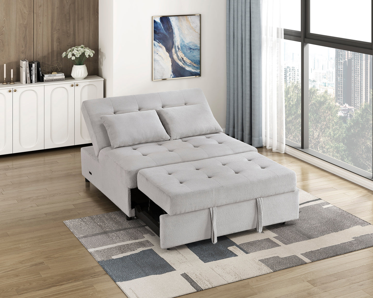 9707GRY-2CL - Convertible Armless 2-Seater with Pull-out Bed and Charging Ports