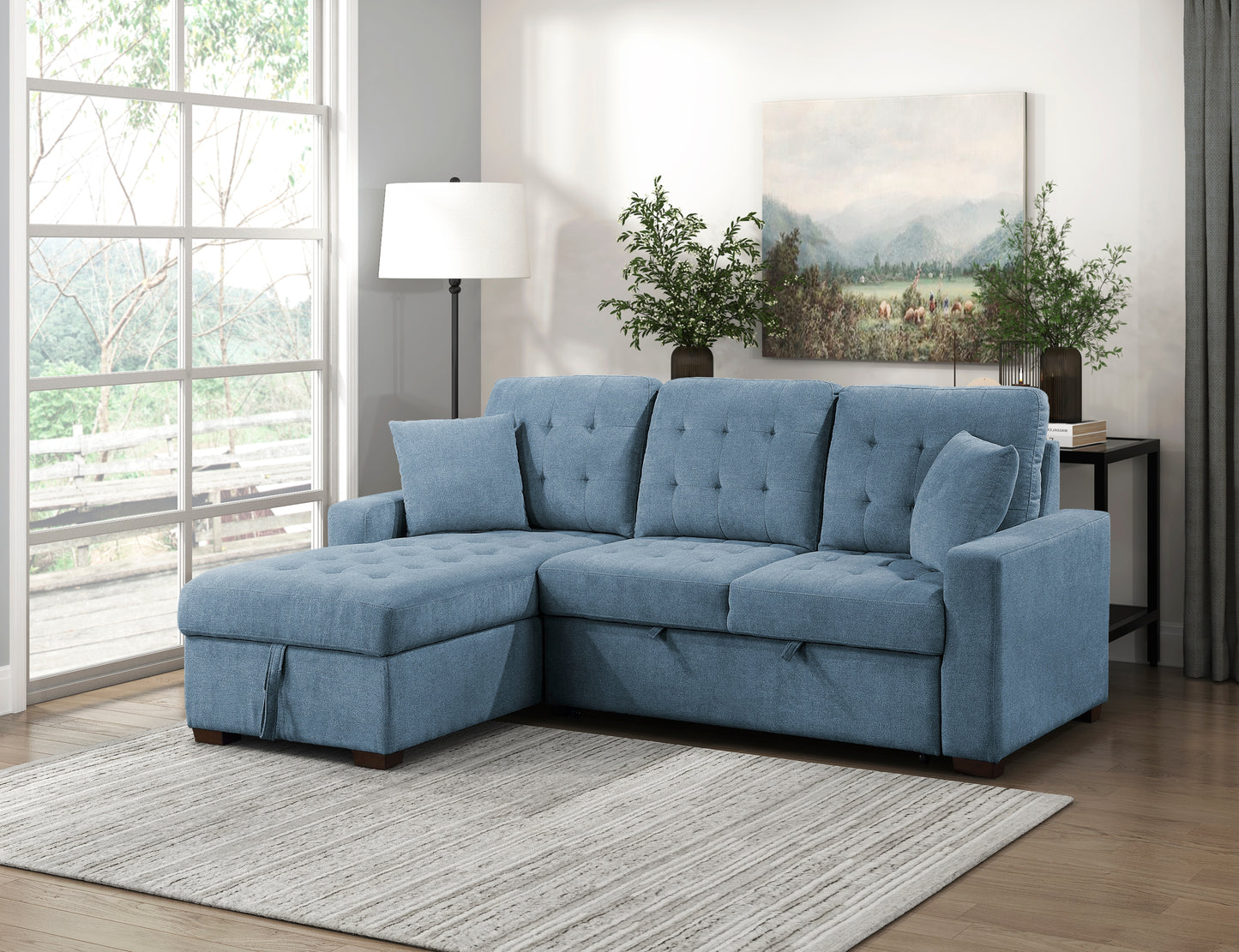 9816BU*2LCRL - (2)2-Piece Sectional with Left Chaise, Pull-out Bed and Hidden Storage