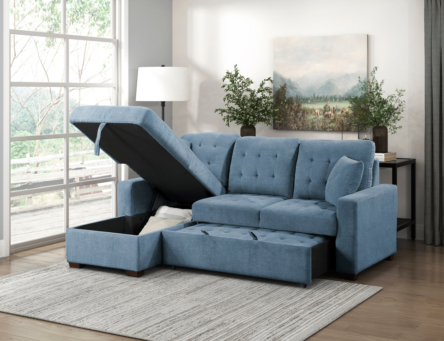 9816BU*2LCRL - (2)2-Piece Sectional with Left Chaise, Pull-out Bed and Hidden Storage