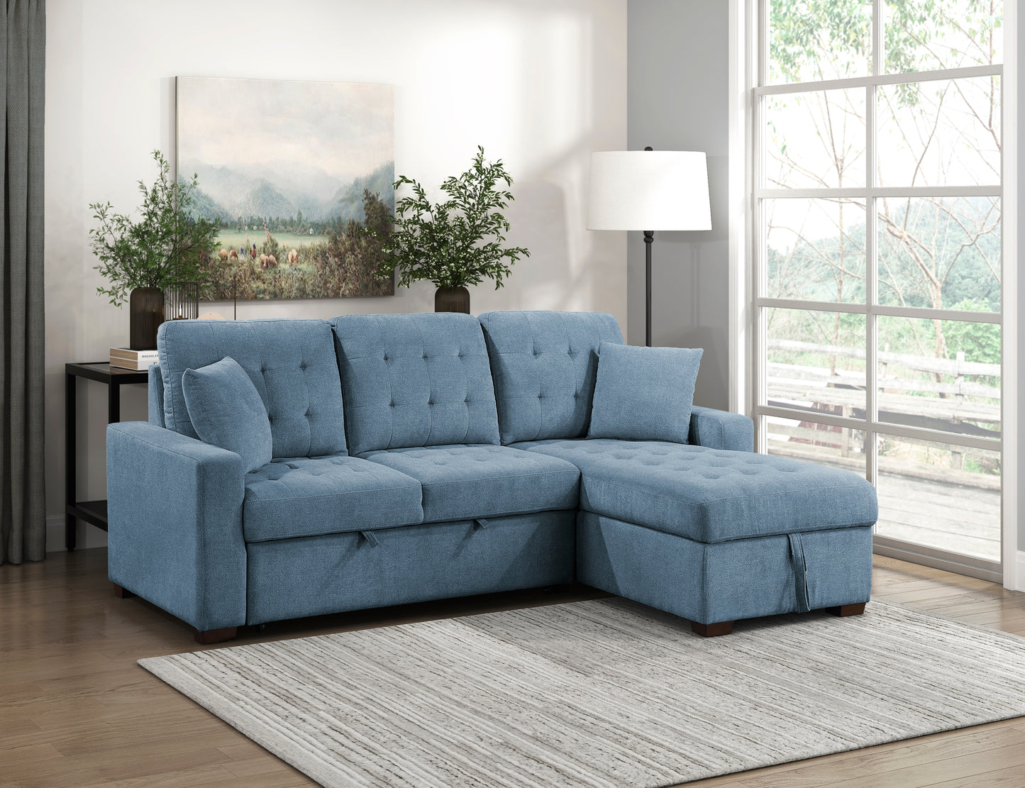 9816BU*2LLRC - (2)2-Piece Sectional with Right Chaise, Pull-out Bed and Hidden Storage