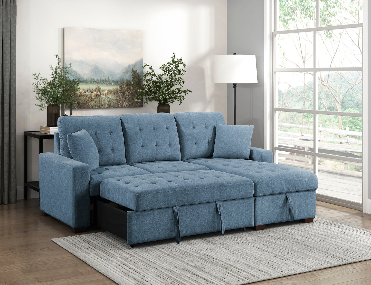 9816BU*2LLRC - (2)2-Piece Sectional with Right Chaise, Pull-out Bed and Hidden Storage