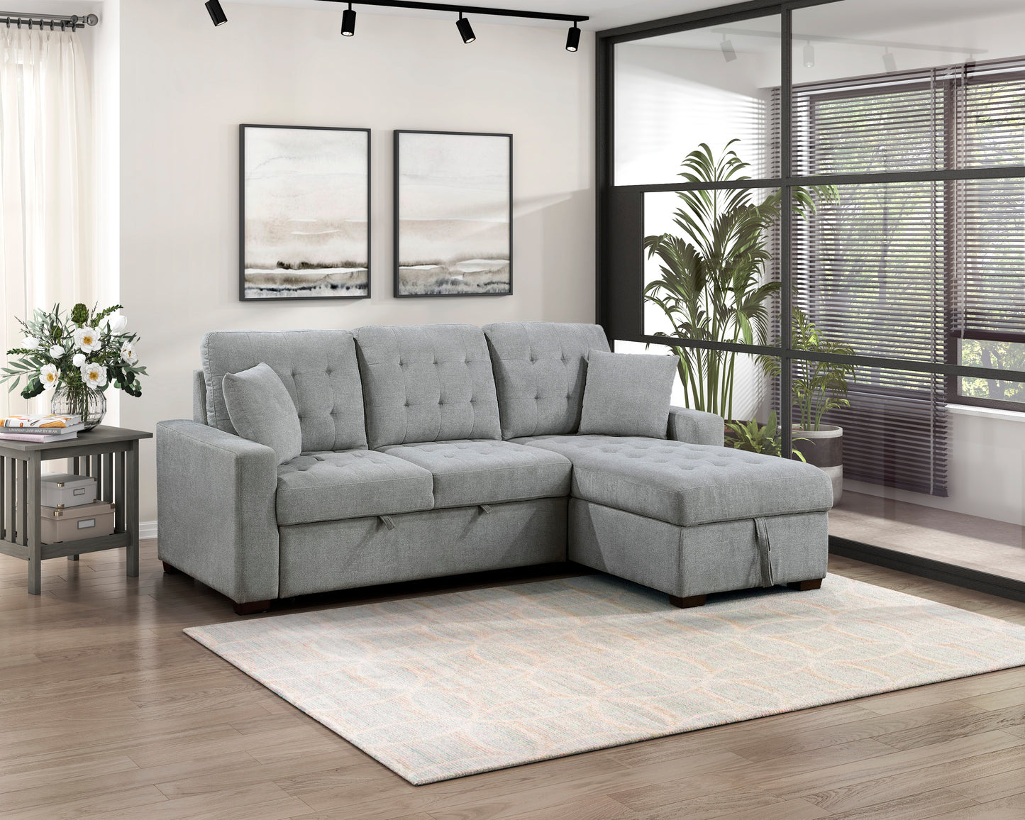9816GY*SC - (2)2-Piece Sectional with Right Chaise, Pull-out Bed and Hidden Storage
