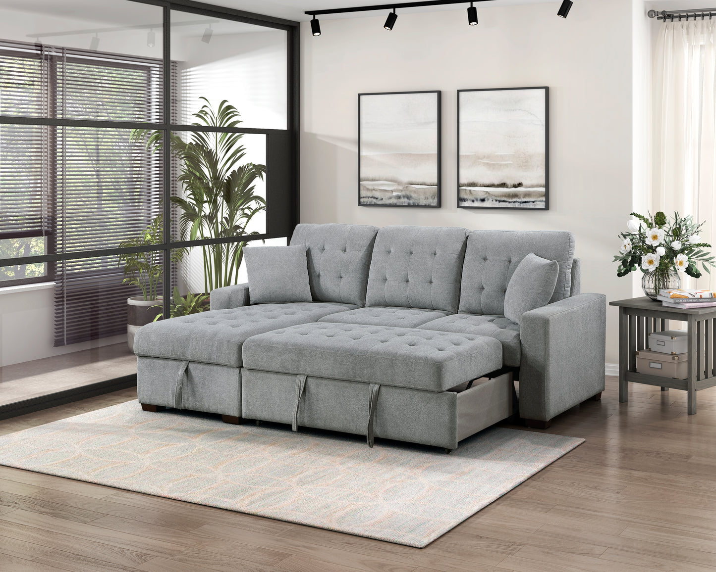 9816GY*2LCRL - (2)2-Piece Sectional with Left Chaise, Pull-out Bed and Hidden Storage