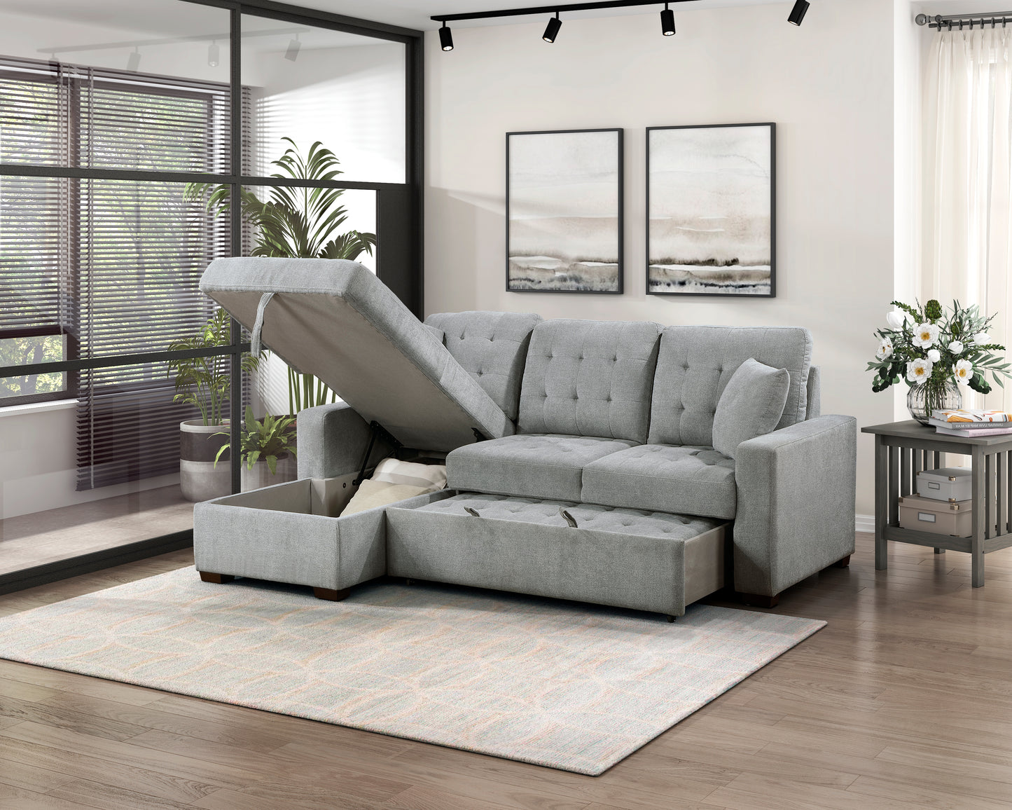 9816GY*2LCRL - (2)2-Piece Sectional with Left Chaise, Pull-out Bed and Hidden Storage