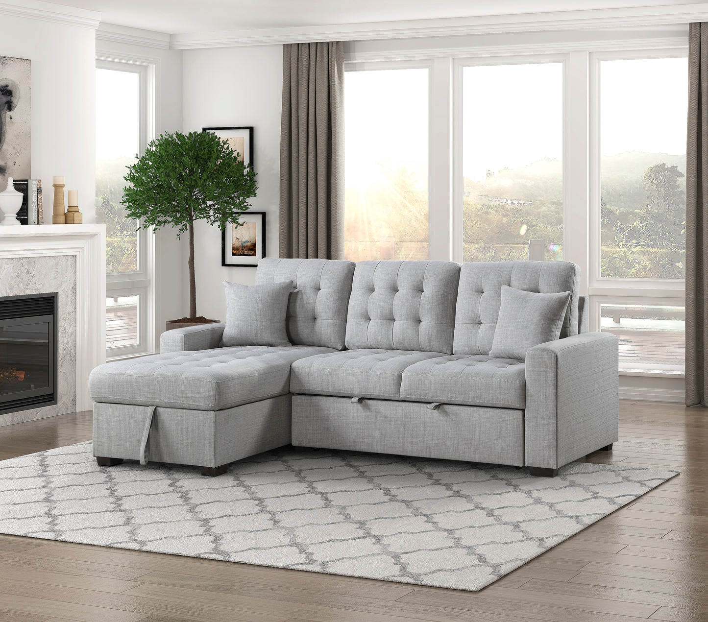 9916GY*2LCRL - (2)2-Piece Sectional with Pull-out Bed and Left Chaise with Hidden Storage