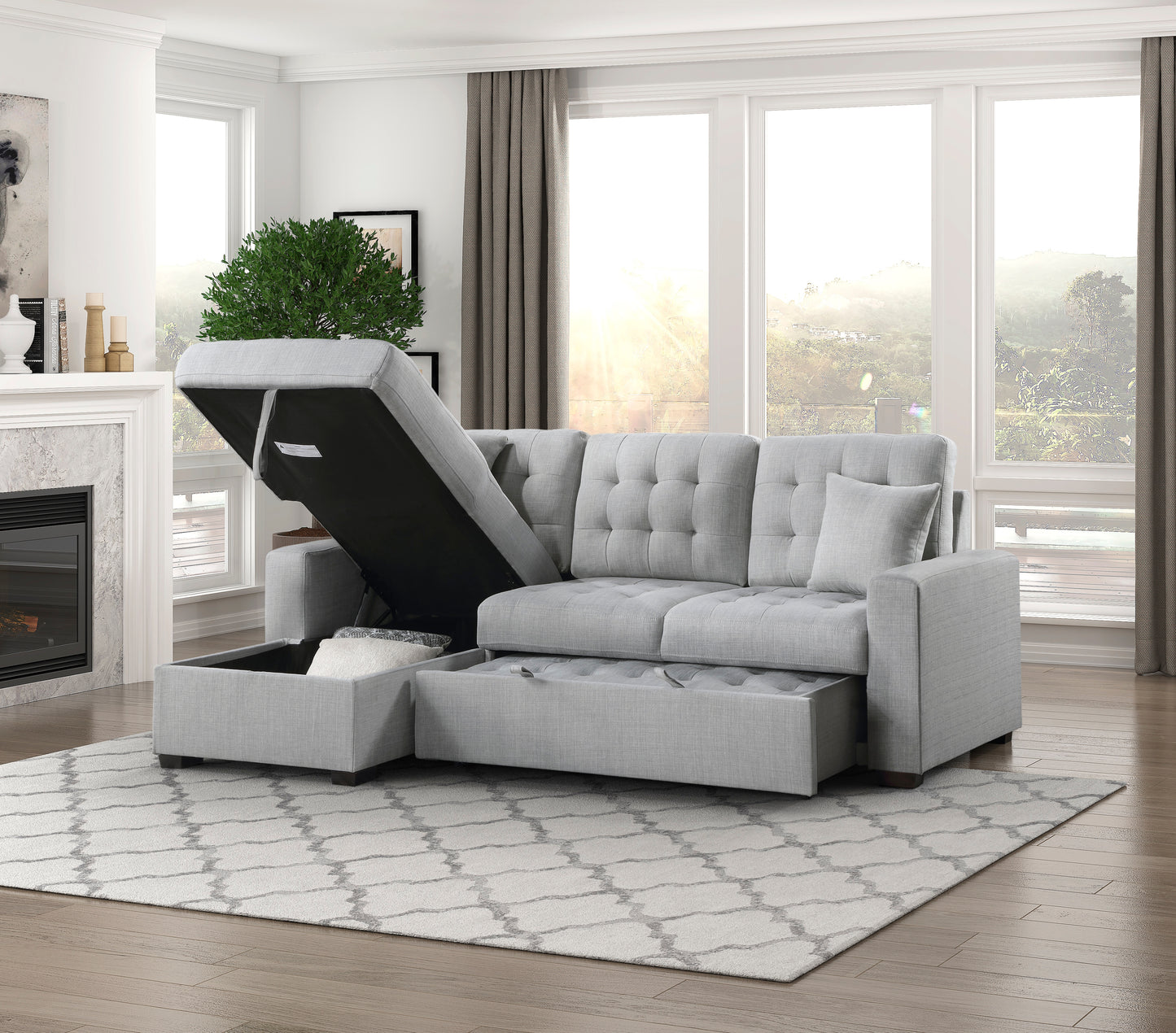 9916GY*2LCRL - (2)2-Piece Sectional with Pull-out Bed and Left Chaise with Hidden Storage