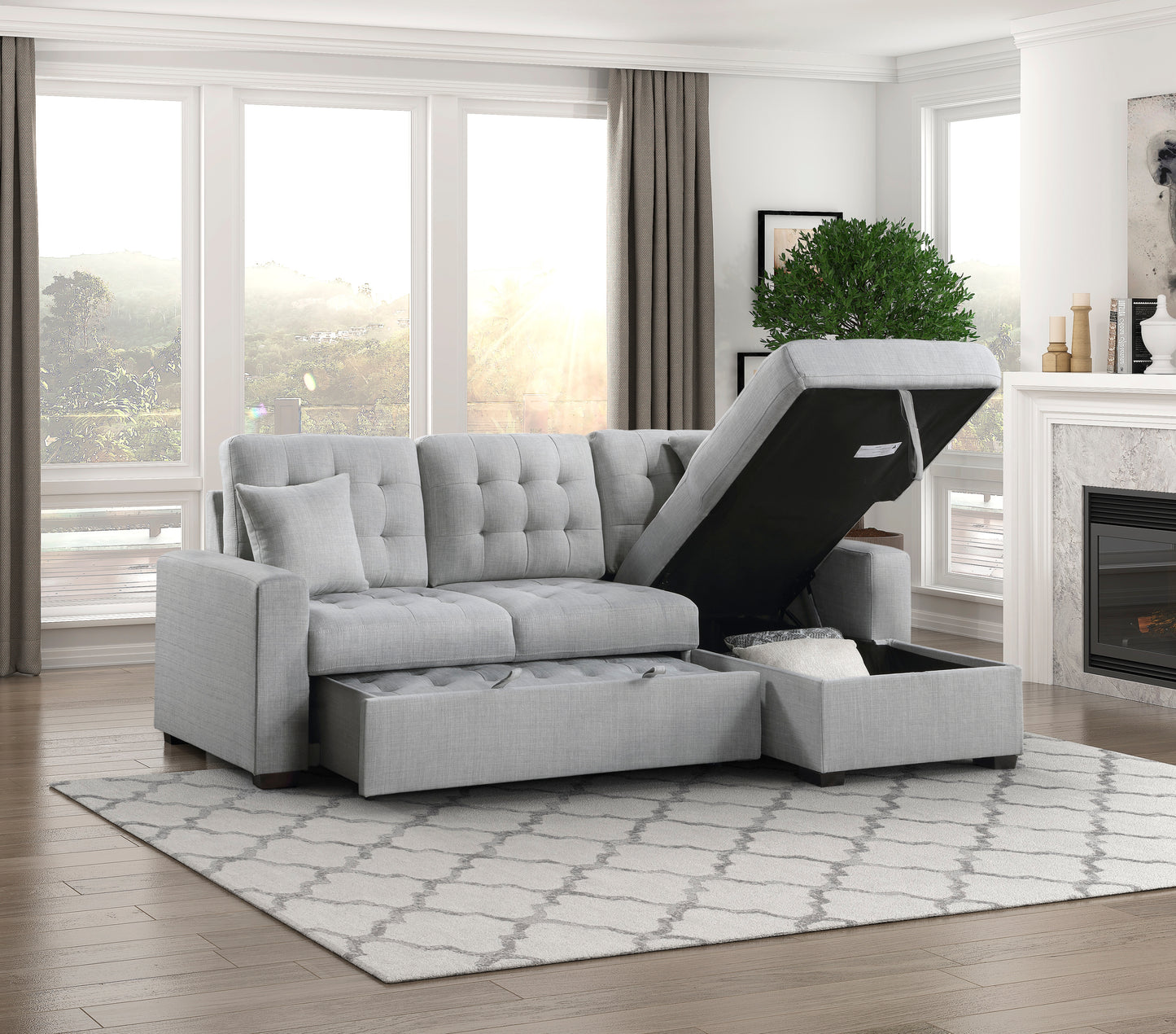 9916GY*2LLRC - (2)2-Piece Sectional with Pull-out Bed and Right Chaise with Hidden Storage