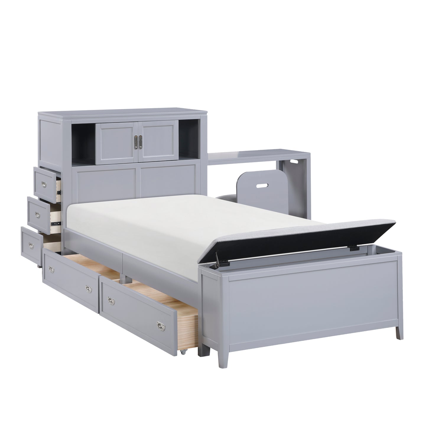 B2024GYBC-1* - (2) Twin Bookcase Bed with Hidden Desk, Stool and Storage Bench