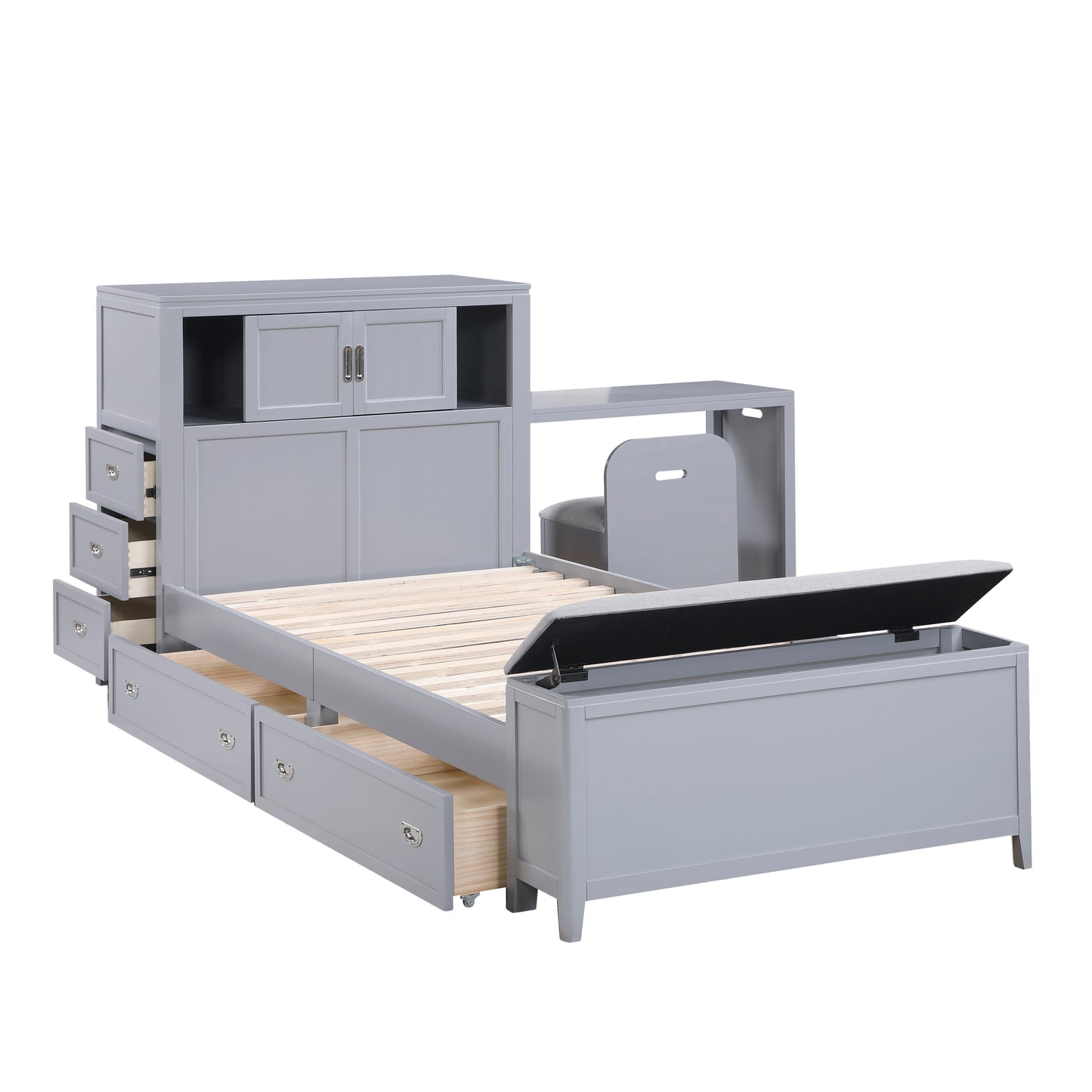 B2024GYBC-1* - (2) Twin Bookcase Bed with Hidden Desk, Stool and Storage Bench