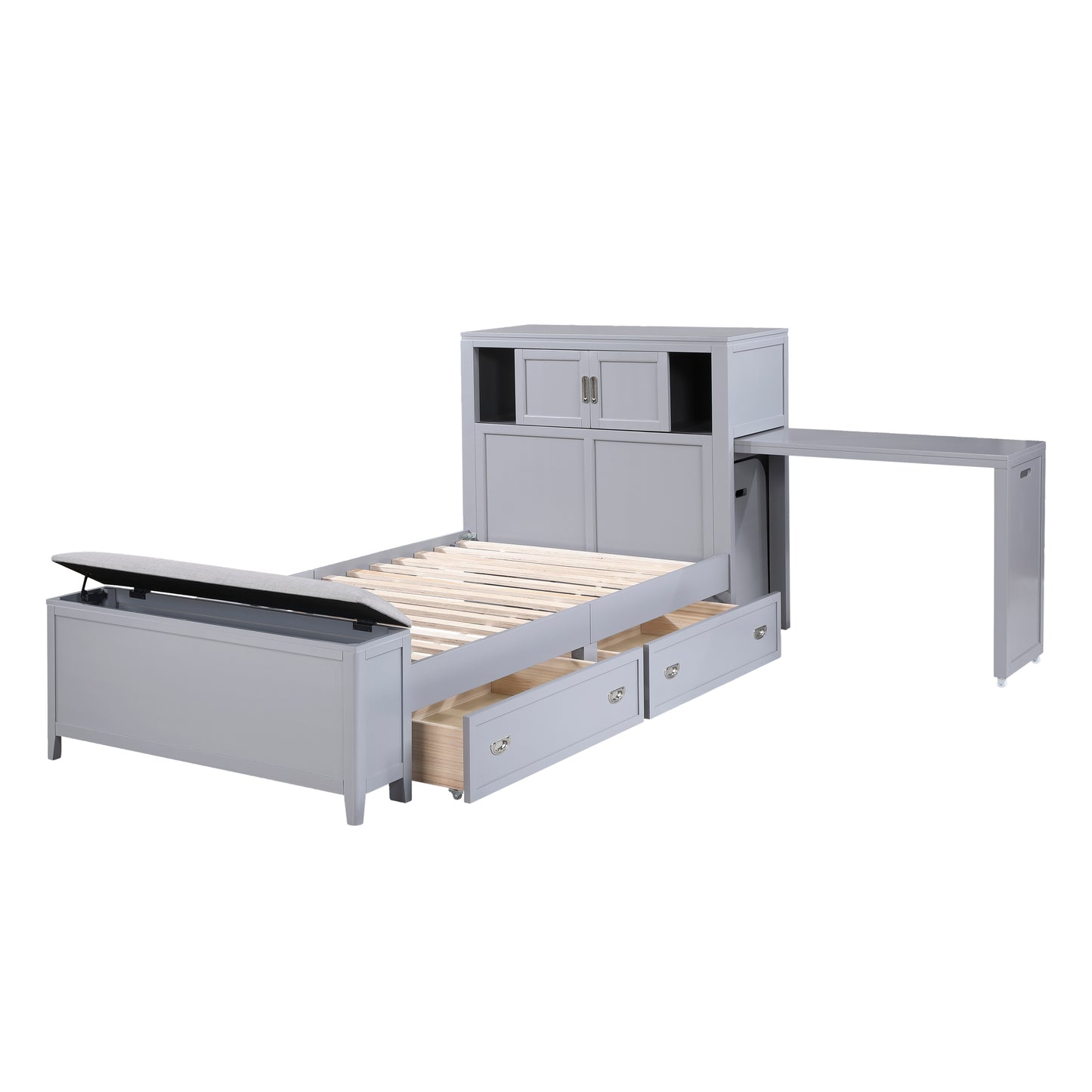 B2024GYBC-1* - (2) Twin Bookcase Bed with Hidden Desk, Stool and Storage Bench