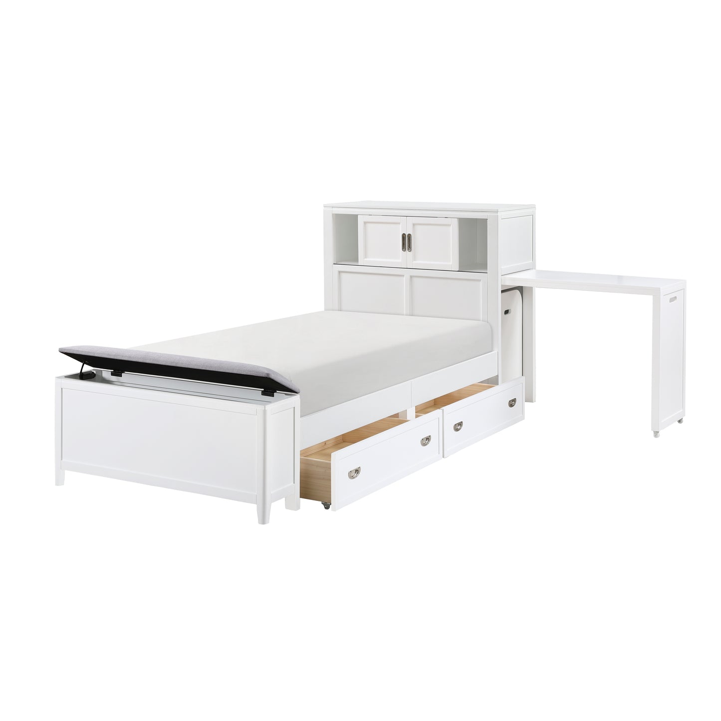 B2024WHBC-1* - (2) Twin Bookcase Bed with Hidden Desk, Stool and Storage Bench