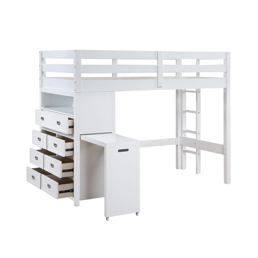 White Sloane Collection's Twin/Full Loft Bunk Bed with Chest and Hidden Desk