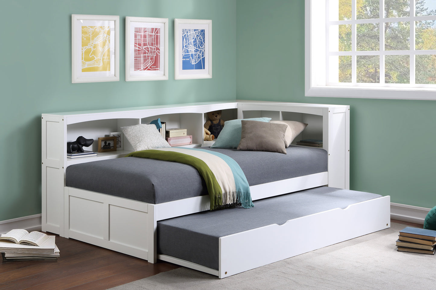 B2053BCW-1BCR* - (4) Twin Bookcase Corner Bed with Twin Trundle