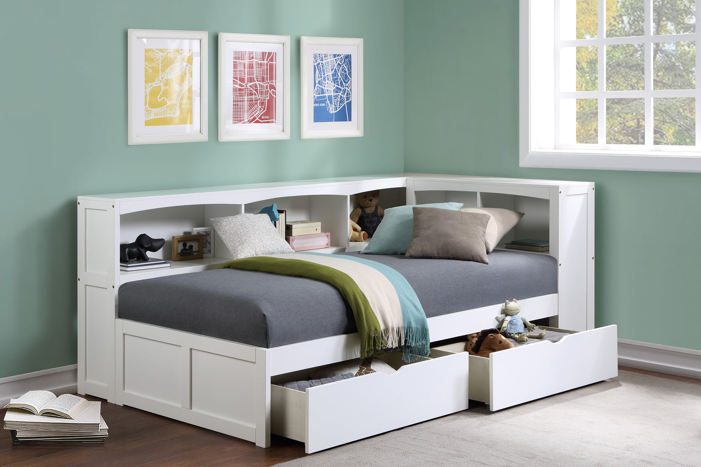 B2053BCW-1BCT* - (4) Twin Bookcase Corner Bed with Storage Boxes