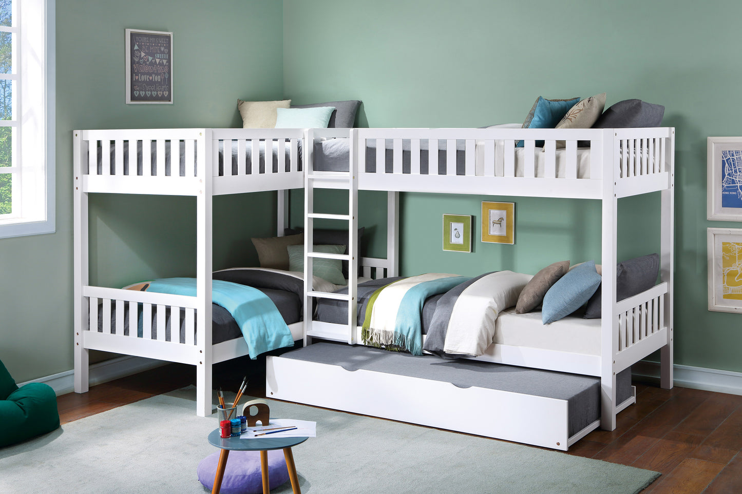 B2053CNW-1R* - (4) Corner Bunk Bed with Twin Trundle
