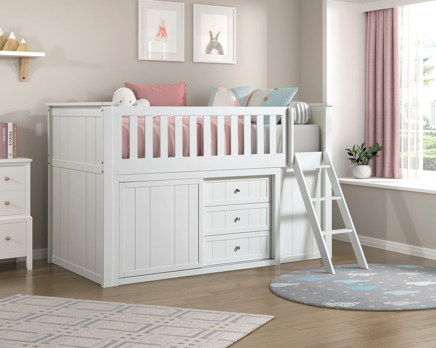 B2053LLW-1*BC2DR - (6) Low Loft Bunk with Bookcase and 2 Dressers